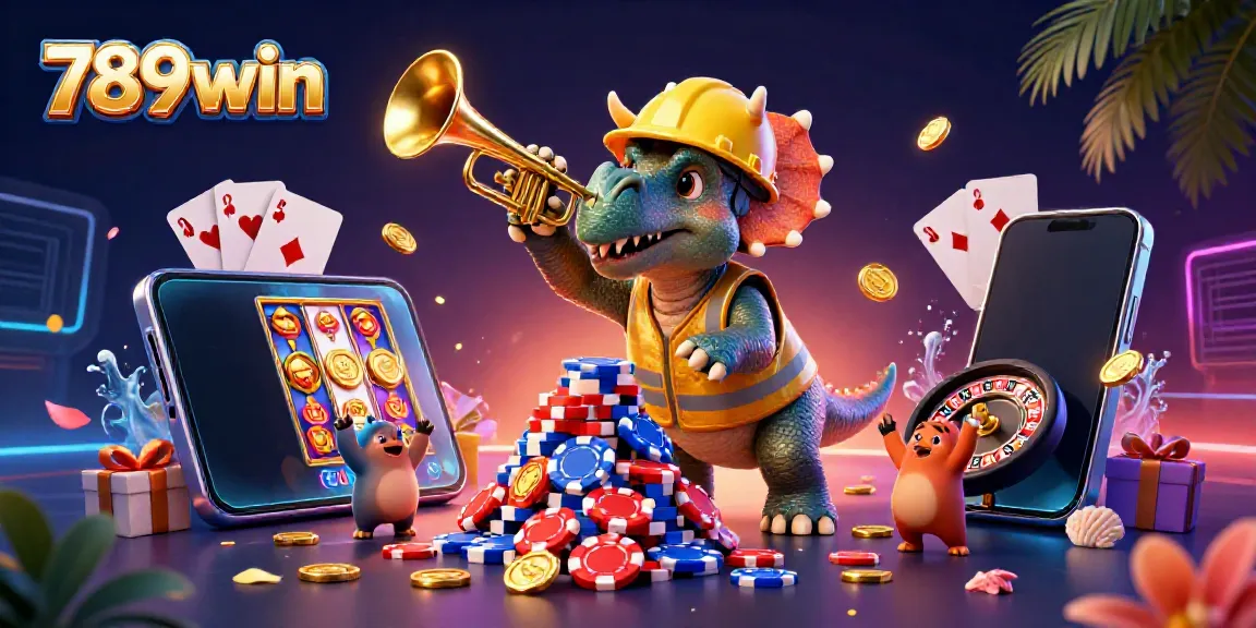 Experience excitement with 789win as a triceratops builds a poker chip pyramid in a vibrant casino scene.