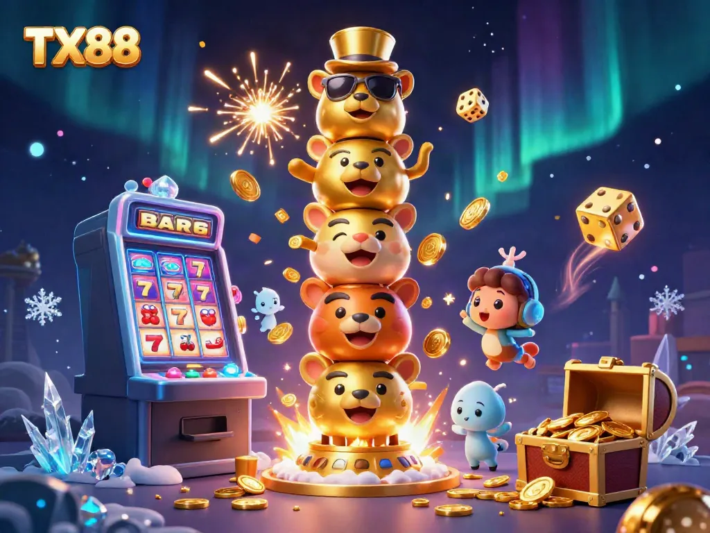 Experience the excitement of TX88 with vibrant casino elements and golden totems in a dynamic scene.
