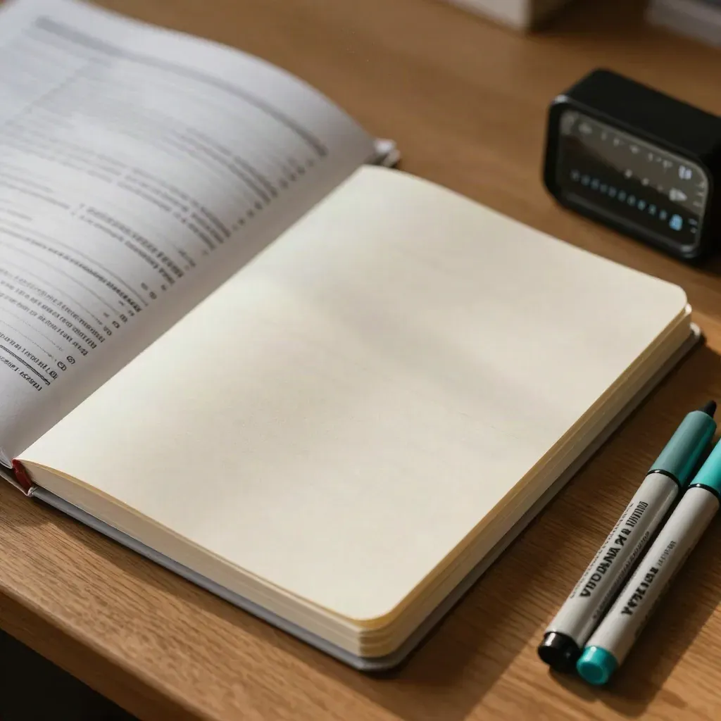 Materiały do kursu maturalnego na biurku: test, zeszyt, timer i zakreślacze.