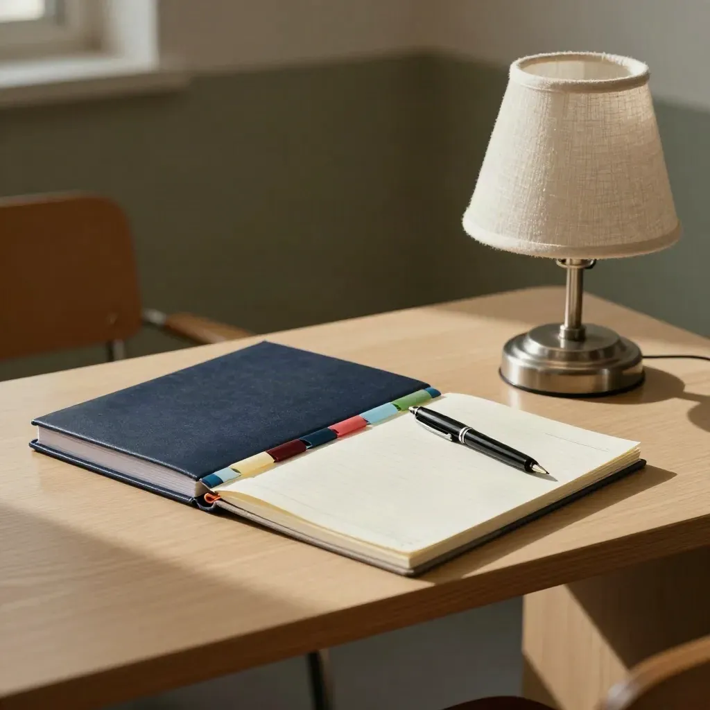 Segregator konsultacji nauczycielskich, notes, zakładki, pióro i lampka na jasnym drewnie.