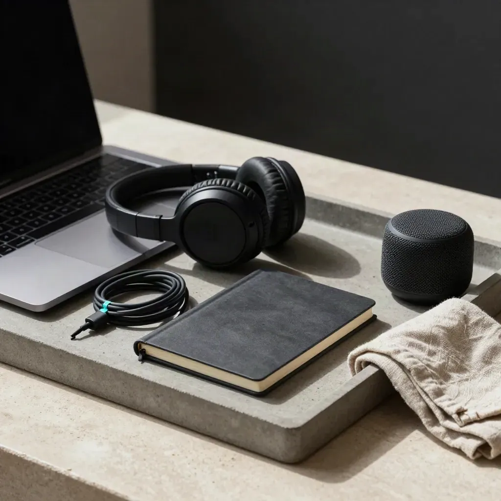 Zestaw do stałych zajęć na kamiennej tacy: laptop, słuchawki, notes, kabel i głośnik.