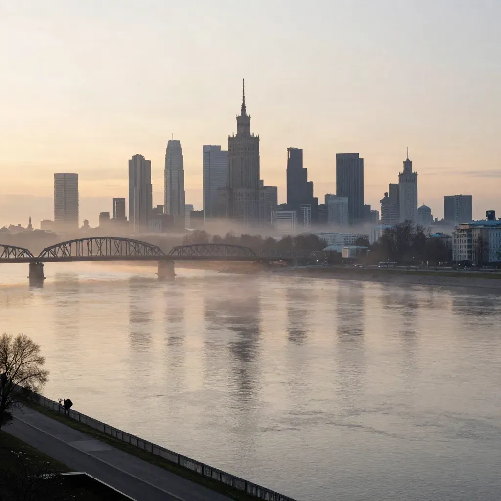 Panorama Warszawy i Mazowsza nad Wisłą o świcie we mgle.