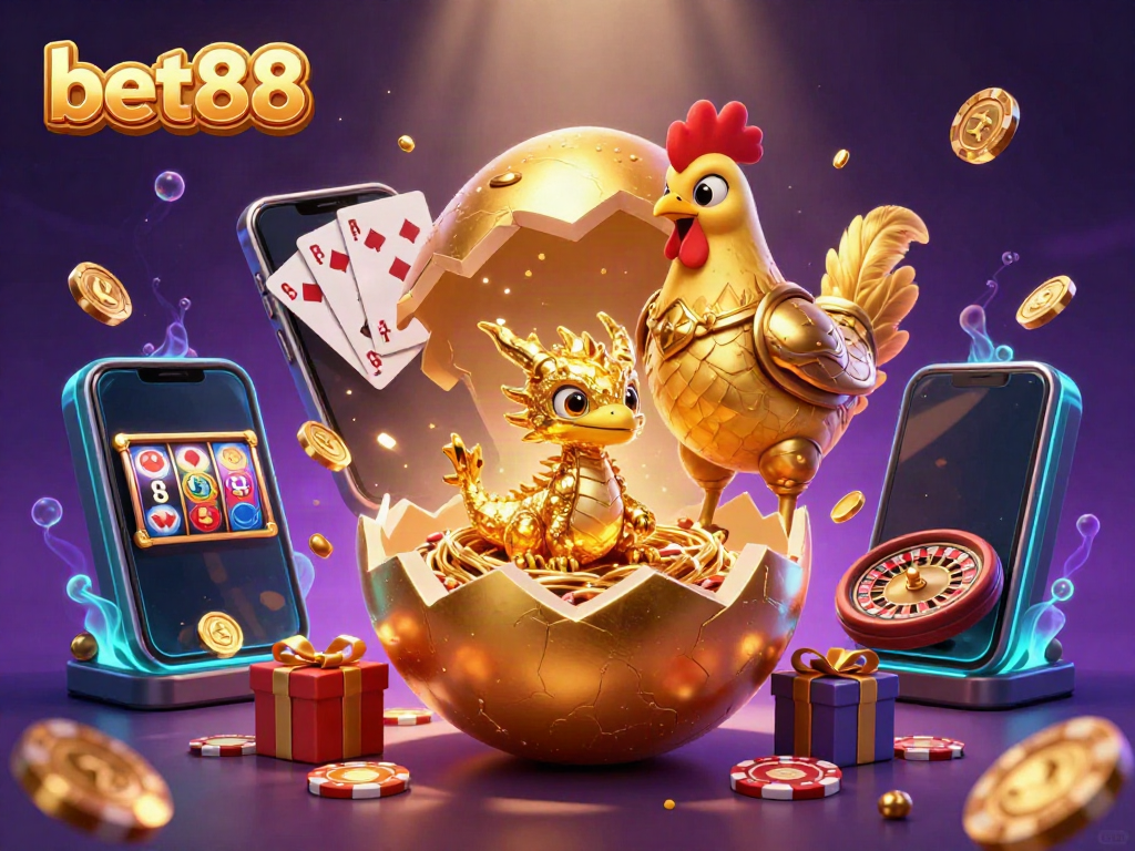 Experience bet88's thrilling casino world with a dragon of gold, poker chips, and slot games!