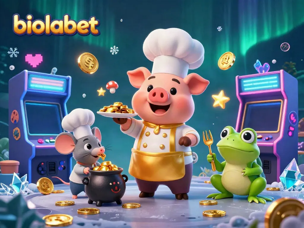 Enjoy thrilling moments at biolabet with a chef pig serving gold coins amidst a vibrant casino atmosphere.