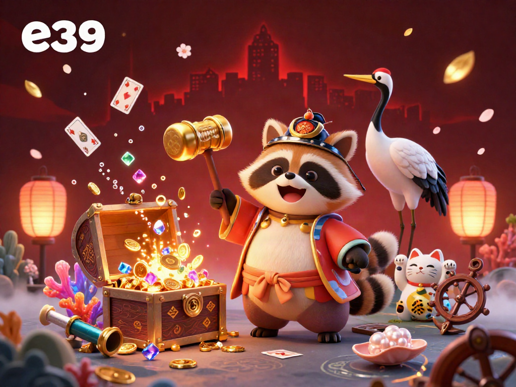Engage with the vibrant e39 casino atmosphere featuring a lucky tanuki and colorful fortune cats amidst an underwater treasure explosion.