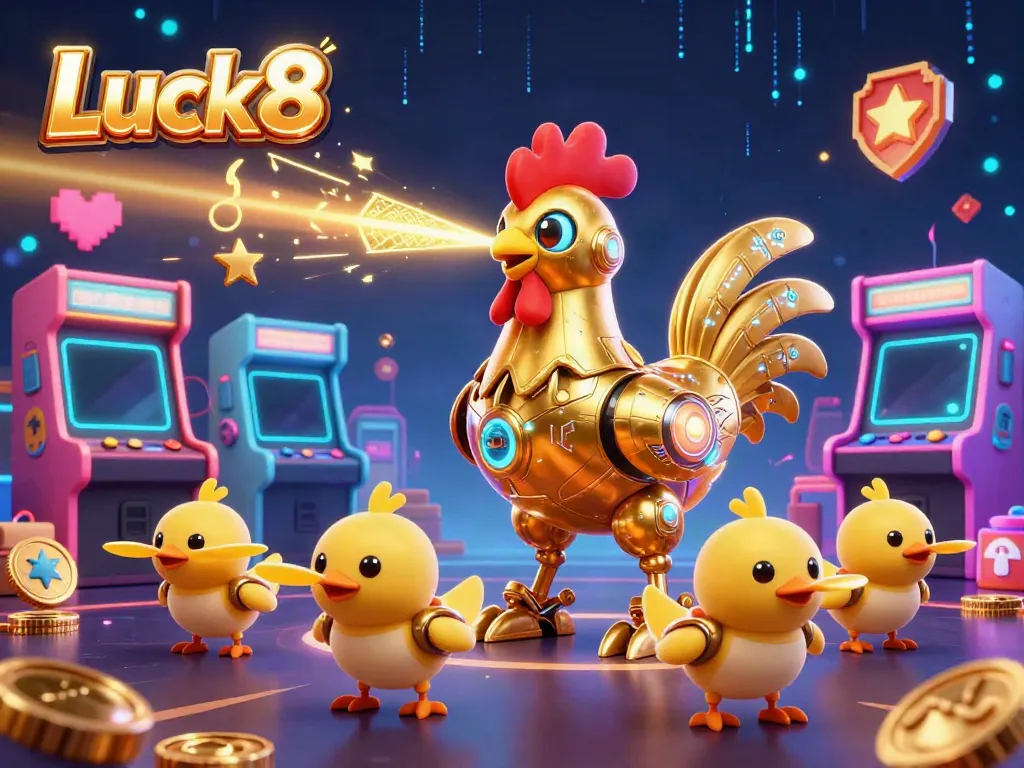 Experience immersive gaming at Luck8 with a golden rooster robot and vibrant arcade elements in a casino scene.