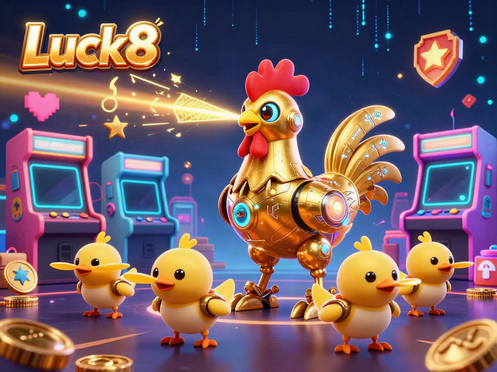 Experience immersive gaming at Luck8 with a golden rooster robot and vibrant arcade elements in a casino scene.