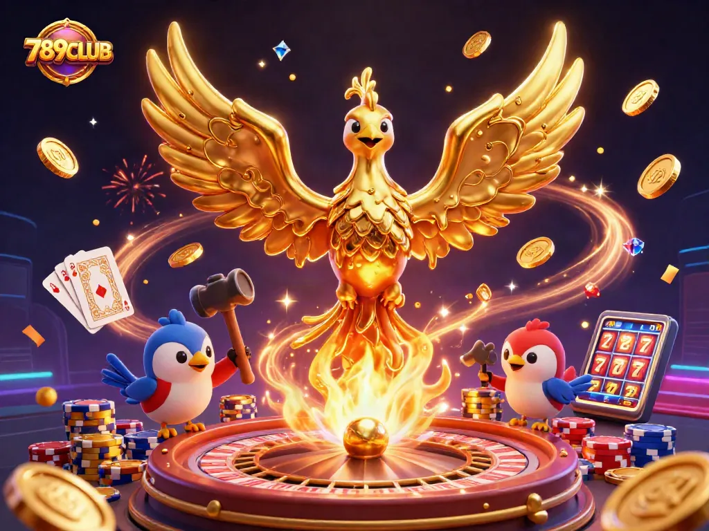 Immerse in the thrill of 789CLUB with a golden phoenix soaring amidst vibrant casino elements.