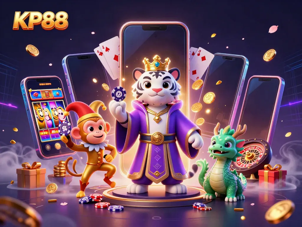 Engage with KP88, the vibrant world of online gambling with a colorful 3D representation.