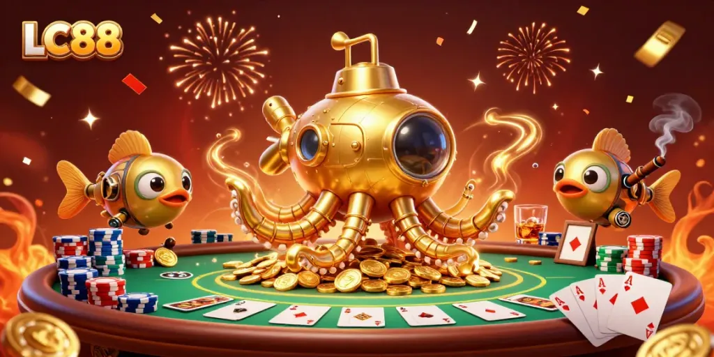Experience winning with LC88 at an energetic poker scene amidst golden treasures and festive atmosphere.