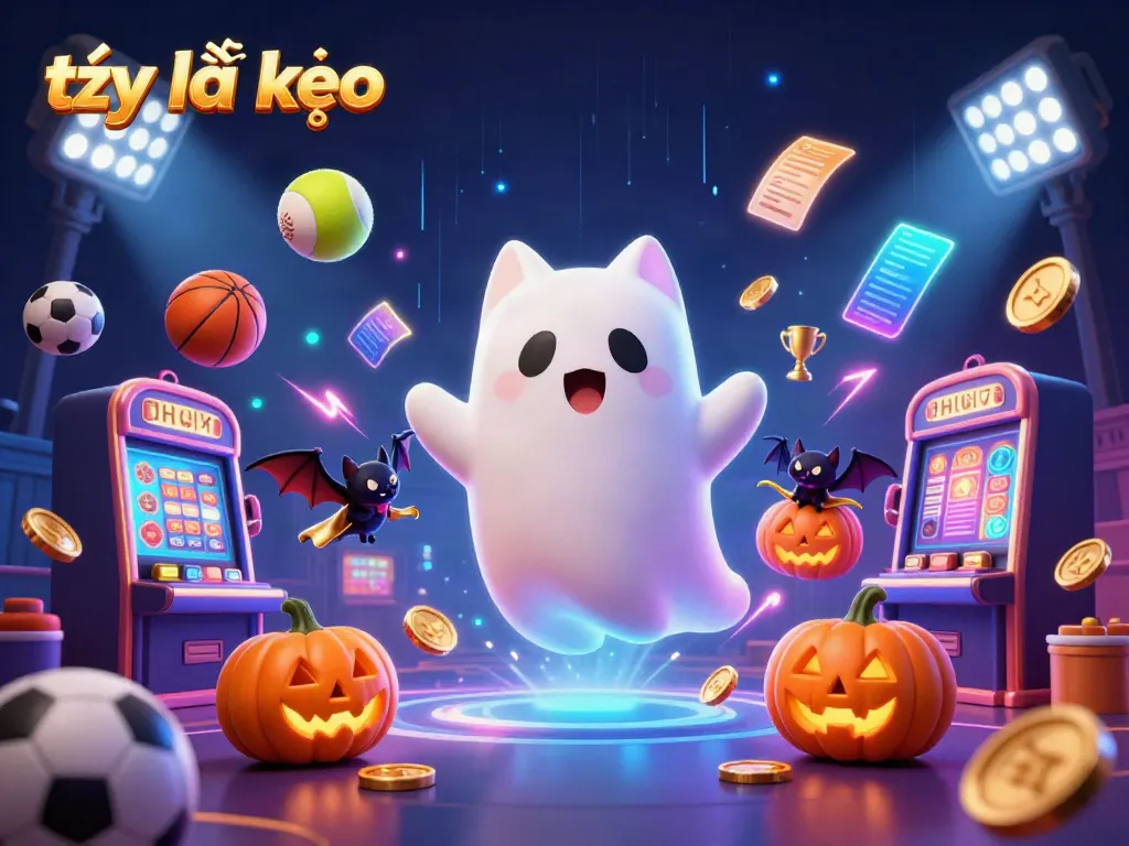 Engaging scene of the ghost cat and vampire bat amid vibrant sports elements showcasing tỷ lệ kèo in a haunted casino.