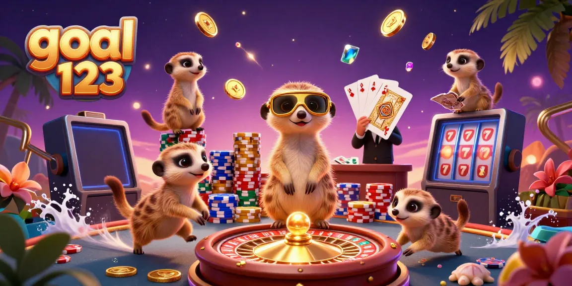 Engaging scene of meerkats managing a casino operation with gold coins and vibrant game elements, promoting goal 123.
