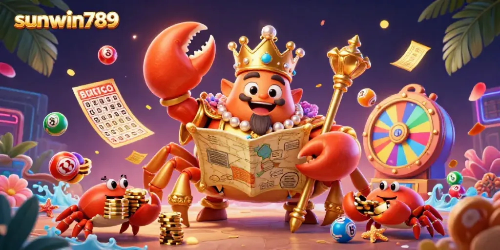 Join the excitement at sunwin789 with a vibrant 3D crab-themed illustration showcasing dynamic lottery elements and wealth!