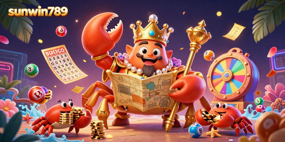 Join the excitement at sunwin789 with a vibrant 3D crab-themed illustration showcasing dynamic lottery elements and wealth!