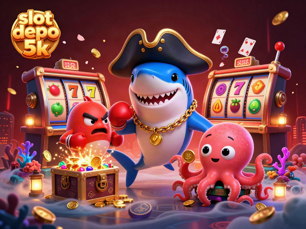 Experience the thrill of slot depo 5k with vibrant characters celebrating casino wins in a colorful underwater setting.