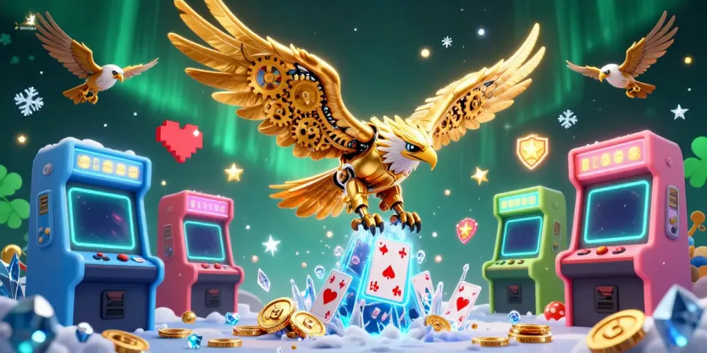 Ikon situs togel menampilkan elang emas 3D cybernetic yang terbang di antara kartu bermain holografik.