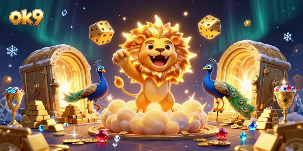 Spin the reels with ok9's vibrant 3D illustration featuring lucky symbols and treasures.