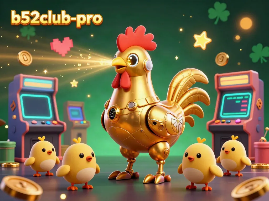 Engage with the b52club-pro gaming experience featuring a vibrant scene of a golden rooster robot amidst arcade machines.