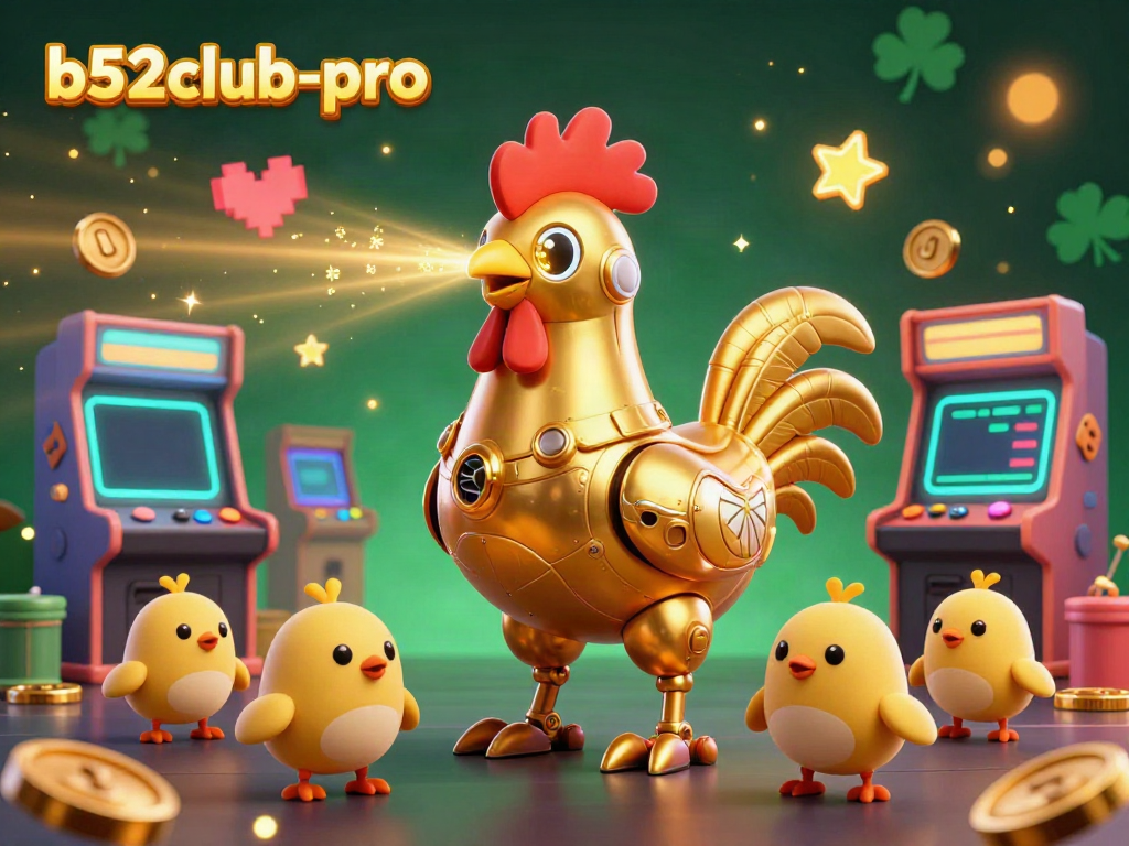 Engage with the b52club-pro gaming experience featuring a vibrant scene of a golden rooster robot amidst arcade machines.