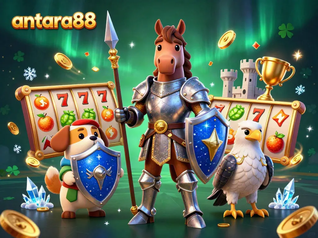 Experience excitement with antara88 as medieval heroes amidst vibrant slot reels and golden trophies.