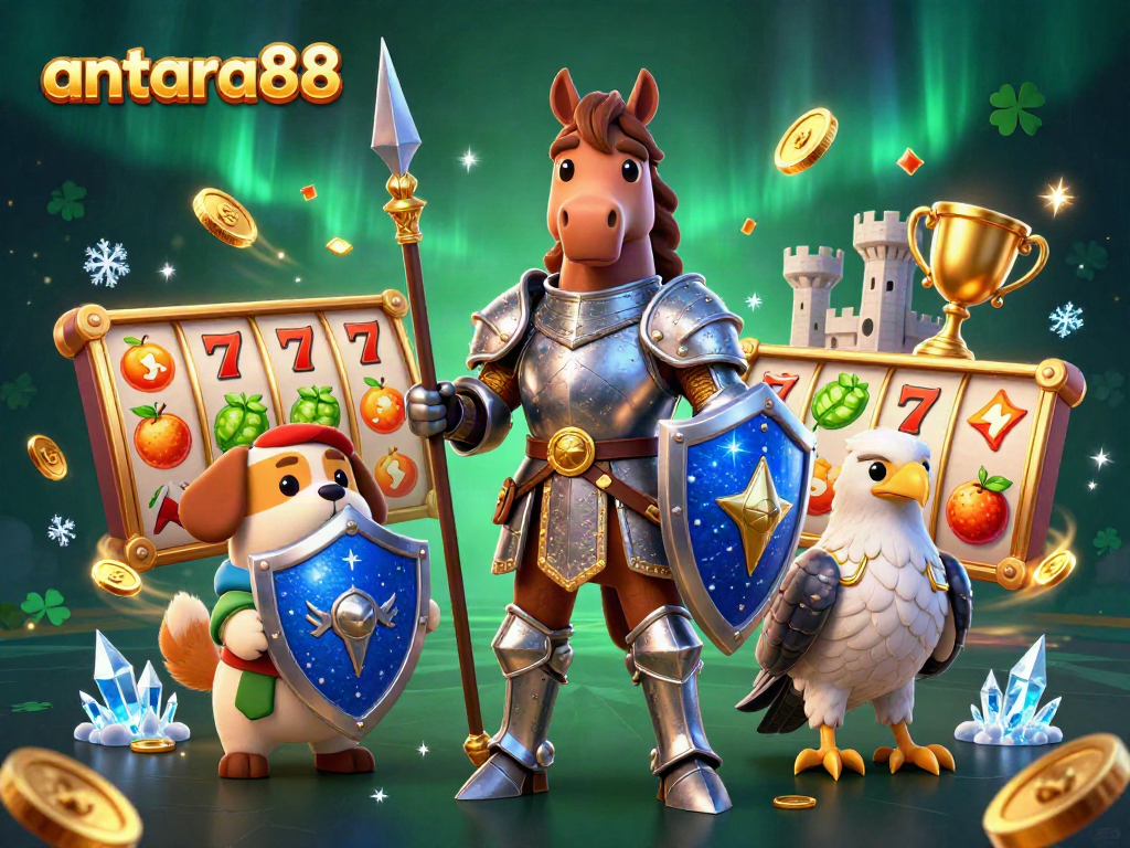 Experience excitement with antara88 as medieval heroes amidst vibrant slot reels and golden trophies.