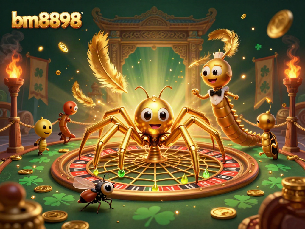 Bet big at bm8898 as a golden spider weaves a roulette web at a vibrant casino scene.