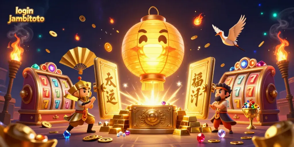 Experience the thrill of luck with a captivating login jambitoto scene featuring golden lanterns and casino treasures.