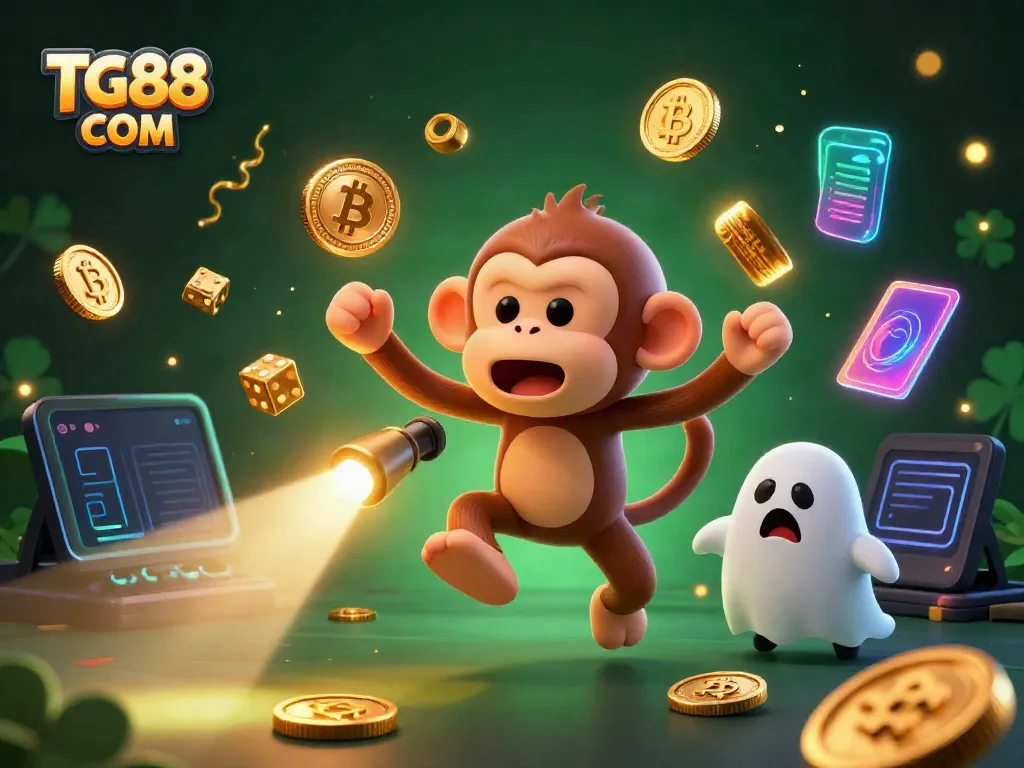Experience thrilling gaming moments at TG88 COM with a lively scene of a mischievous monkey and curious puppy in a vibrant casino atmosphere.