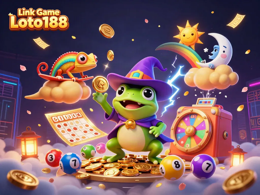 Engage in the excitement of Link Game Loto188 amidst a colorful lottery-themed scene with magical elements.
