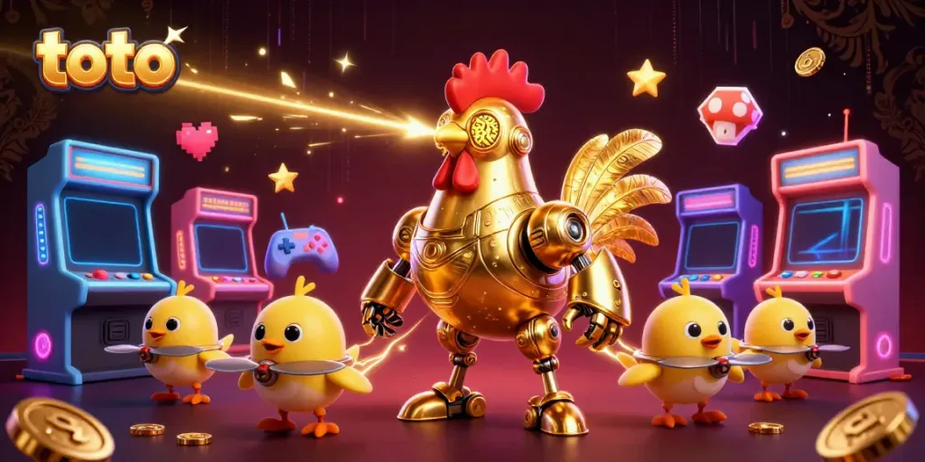 Menggambar aksi toto dalam mesin permainan kasino 3D dengan karakter dan elemen permainan yang berwarna cerah.