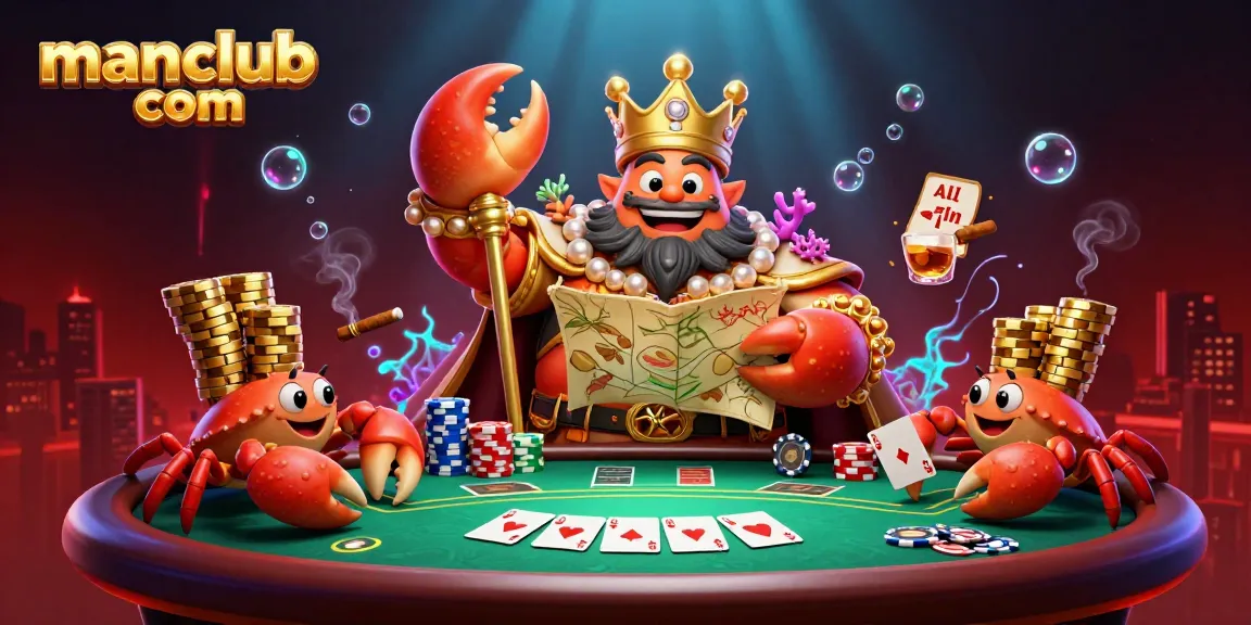 Engage in a vibrant poker scene with manclub com, featuring a golden crab emperor and vibrant game elements.