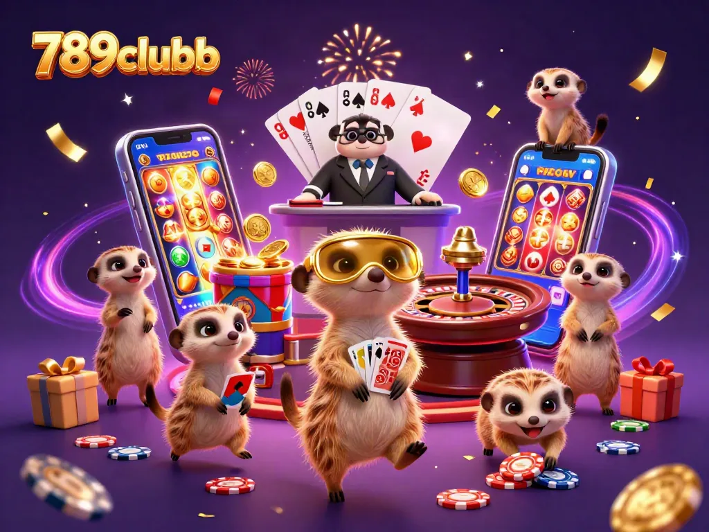 Meerkats running the 789clubb casino with vibrant gaming elements and celebration effects.
