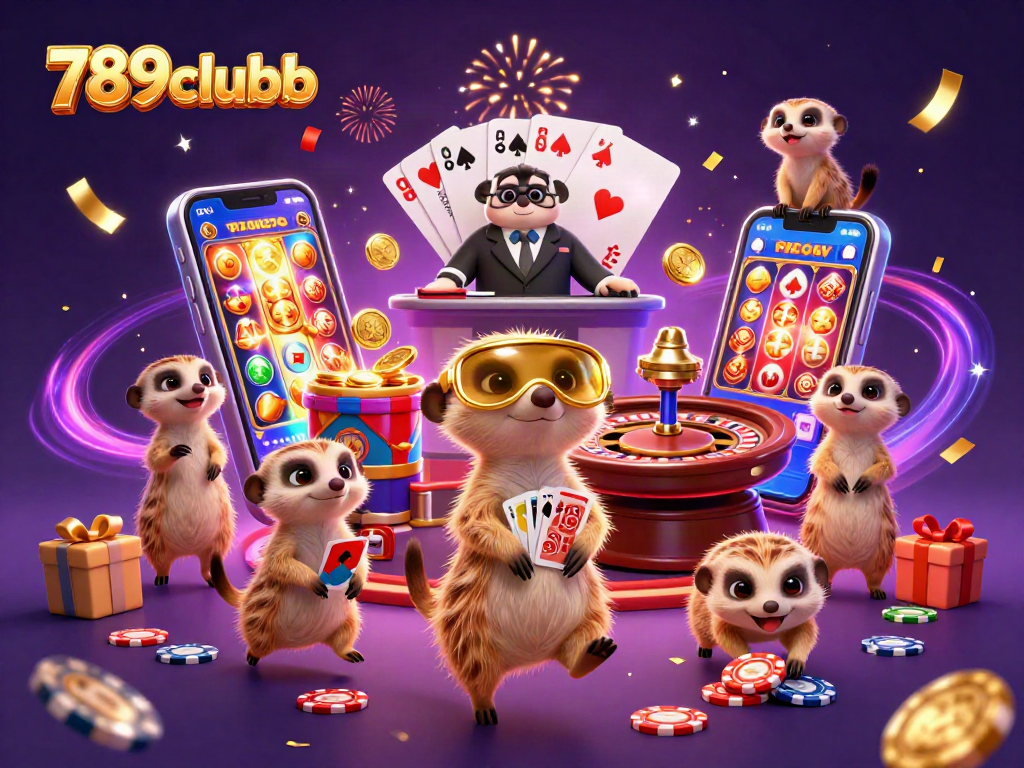 Meerkats running the 789clubb casino with vibrant gaming elements and celebration effects.