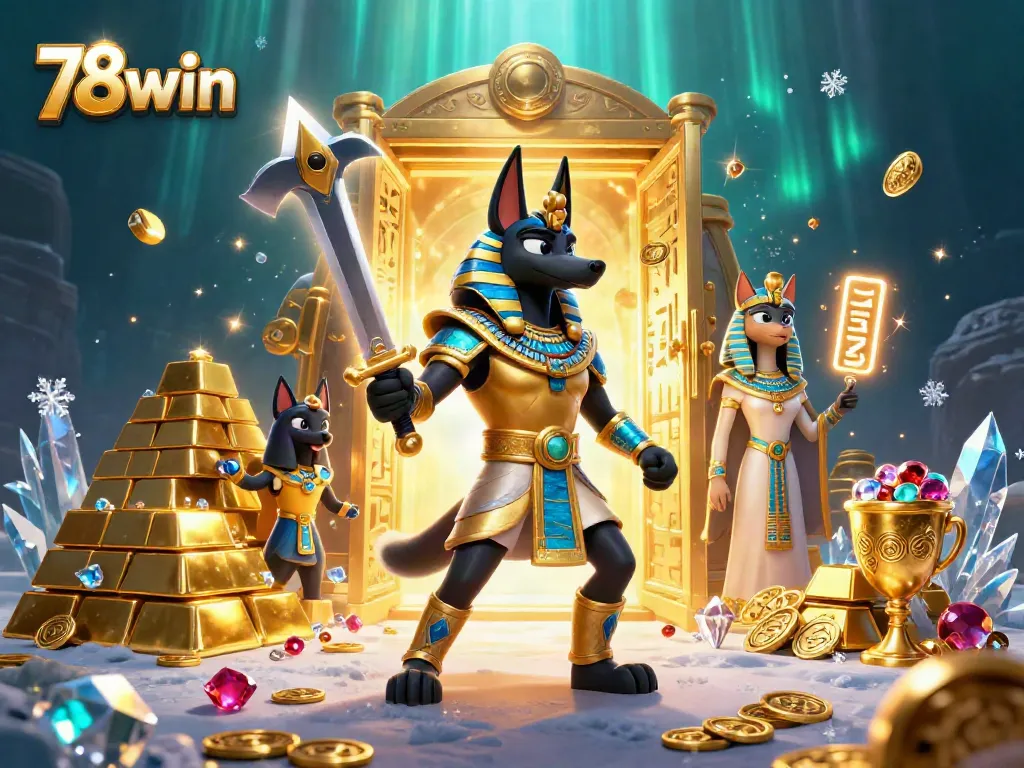 Experience the excitement of 78win with Anubis and Bastet in a vibrant casino scene.