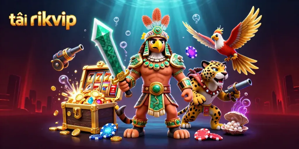 Engage in thrilling gameplay with tải rikvip, featuring Aztec warriors amidst vibrant casino elements.