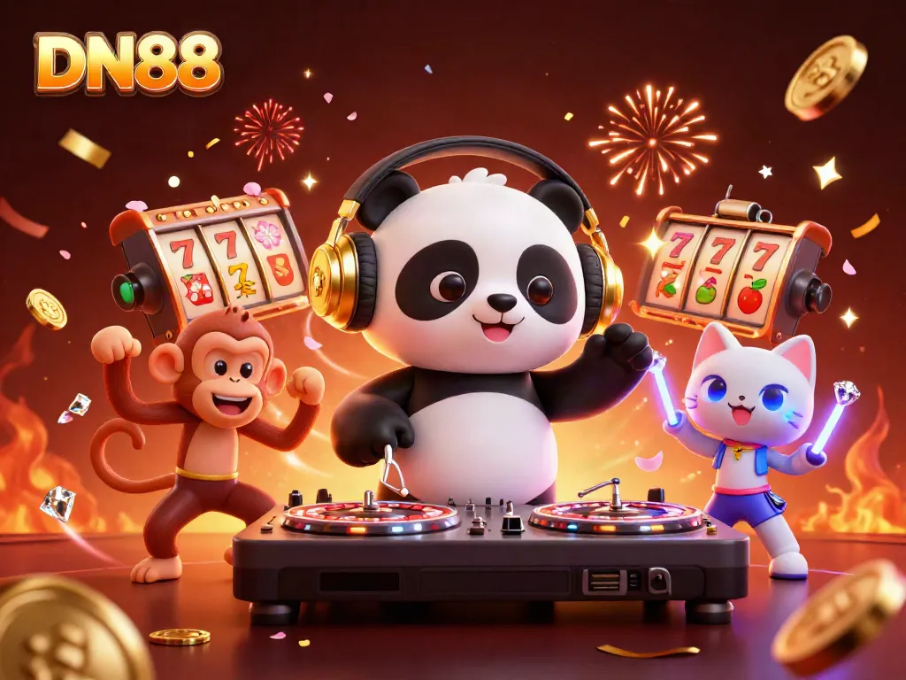 Experience the fun of DN88 with a 3D DJ panda and colorful casino elements in a vibrant scene.
