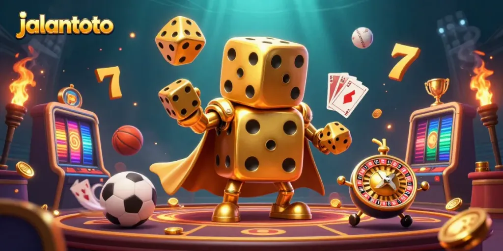 Experience the excitement at jalantoto with a vibrant 3D casino scene featuring golden dice and slot elements.