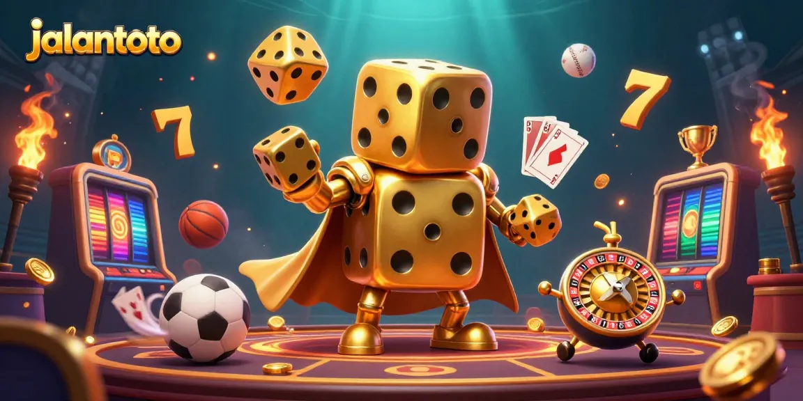 Experience the excitement at jalantoto with a vibrant 3D casino scene featuring golden dice and slot elements.