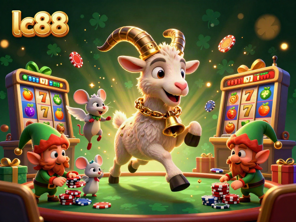 Engage with the lively lc88 casino scene featuring a Krampus goat and animated characters.