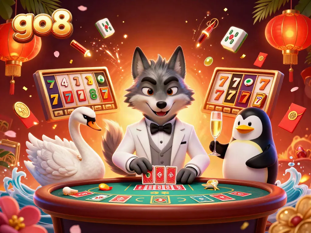 Experience the excitement of go8 with a debonair wolf, elegant swan, and penguin in a vibrant casino scene.