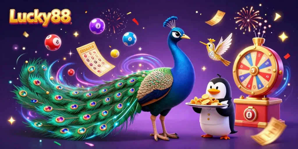 Experience the vibrant excitement of Lucky88 as colorful elements and characters come alive in a 3D celebration.