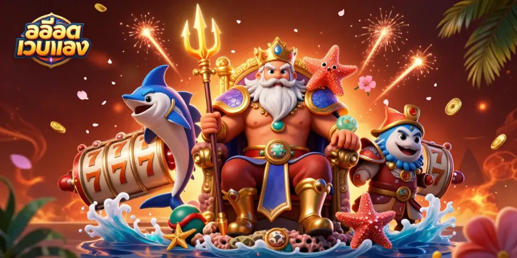 Play exciting games with สล็อตเว็บตรง featuring Neptune in a vibrant, packed casino scene.