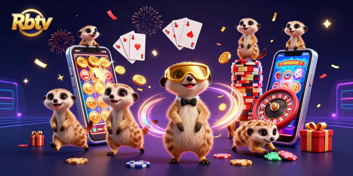 Rbtv menyajikan aksi meriah dalam kasino dengan meerkat, chip, dan permainan slot.