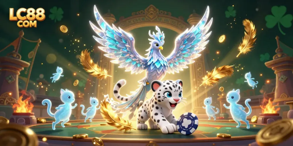 Engage with thrilling casino excitement at LC88 COM featuring an ice phoenix and poker action.