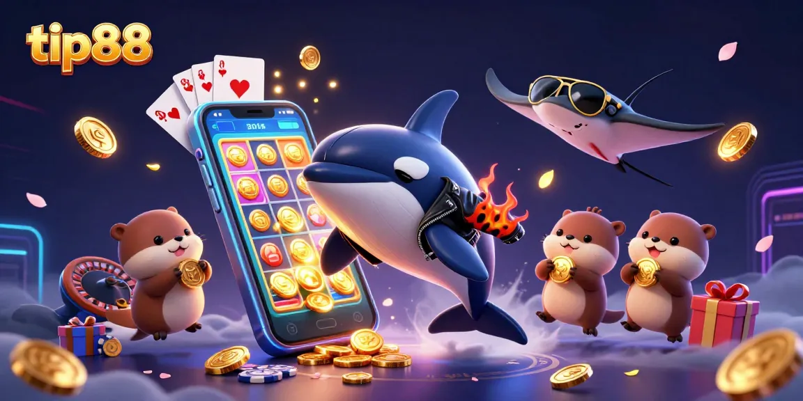 Engage with tip88's vibrant casino world, featuring cartoon characters in a colorful gambling scene with coins and games.