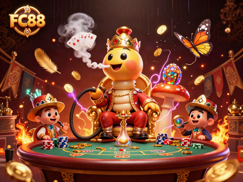 Engage with FC88-themed poker strategies in a vibrant and dynamic casino scene.