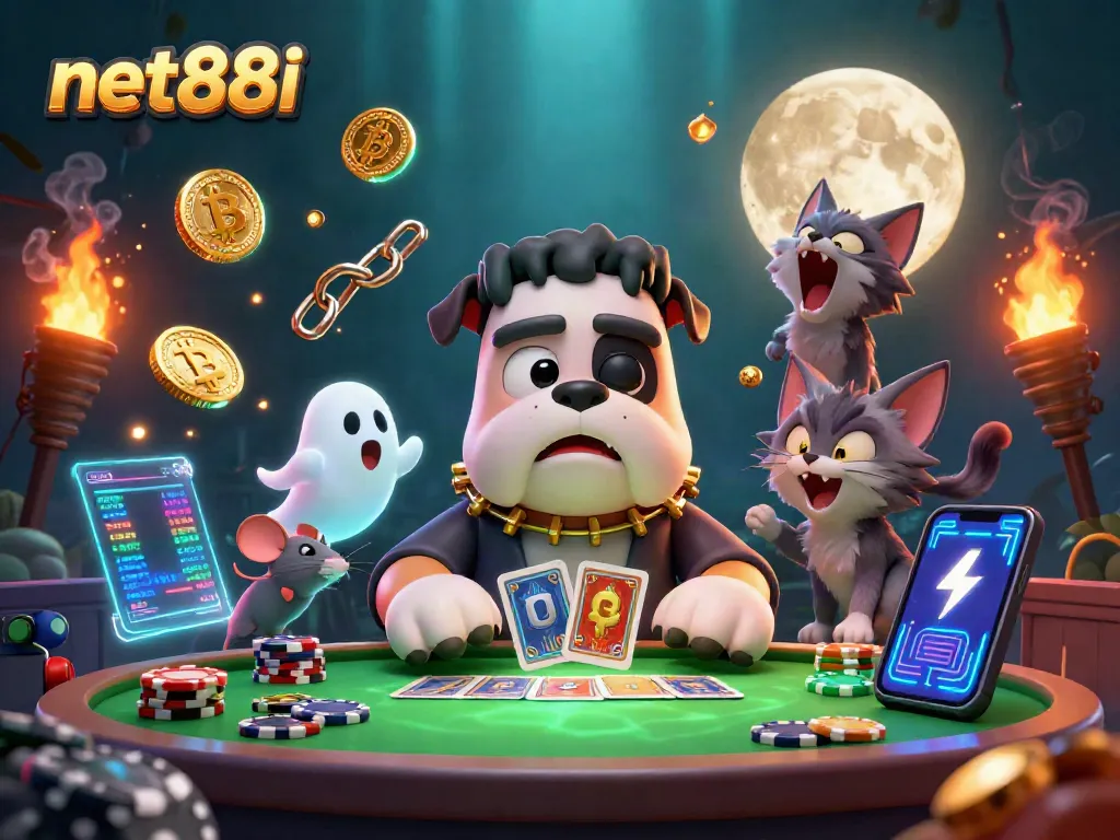 Experience thrilling card games at net88i's neon-lit casino with vibrant cryptocurrency elements.
