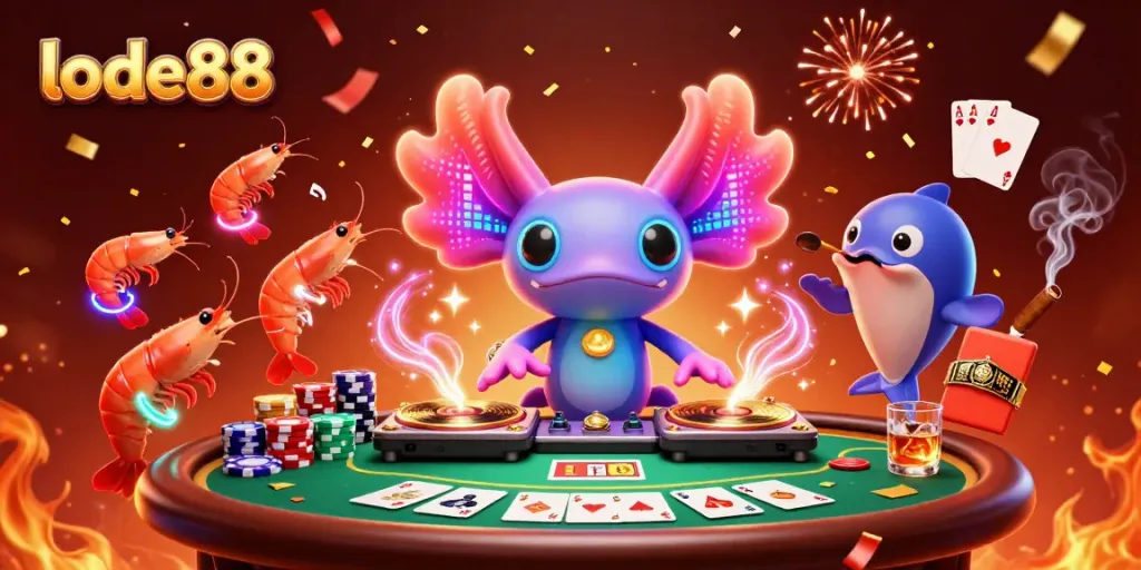 Engage in thrilling games at lode88 with a vibrant 3D casino scene including poker elements and lively characters.