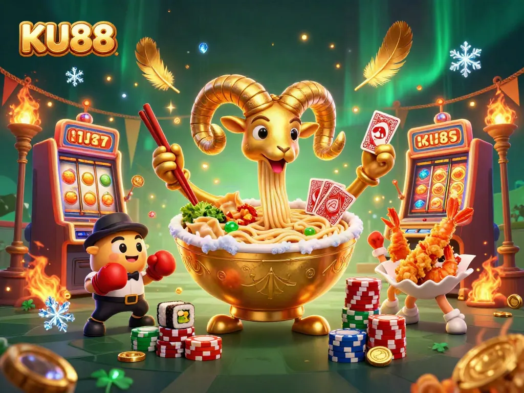 KU88 vibrant 3D illustration featuring a giant ramen bowl character amid exciting gambling elements, capturing the casino spirit.