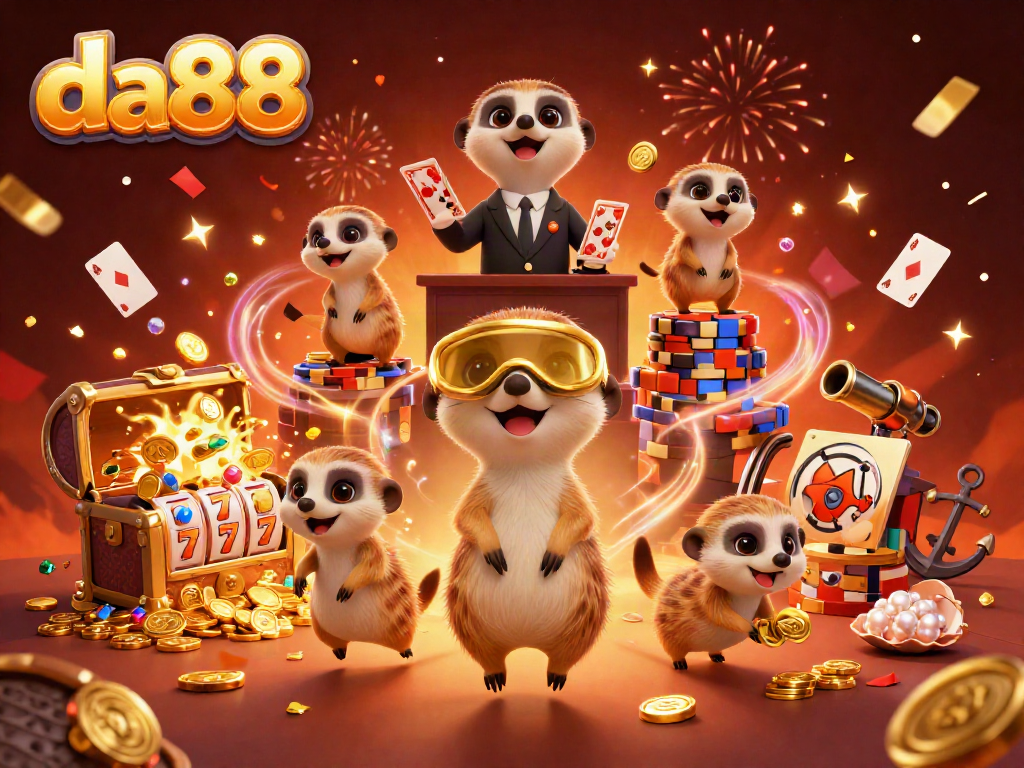 Experience the thrill of da88 with meerkats running a lively casino, surrounded by vibrant gaming elements.